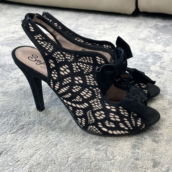 Seychelles Anthropologie Bobbin Lace Pumps Peep Toe Bow Girly Sz 8 - Picture 6 of 16